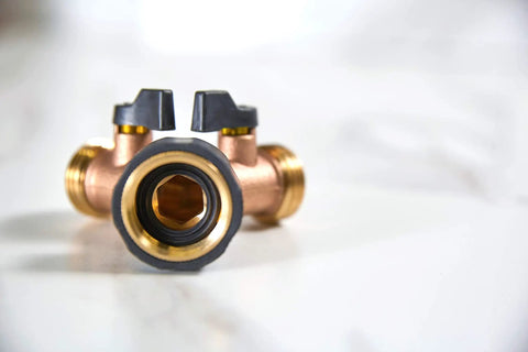 Heavy Duty Brass Dual Outlet Faucet Adapter Lets You Split One Faucet Into Two Hose Outlets With Separate Ball Valve Levers For Easy Flow Control Durable Brass Construction Handles High Water Pressure Brown Finish, front view