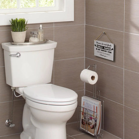 Do Not Flush Anything Except Toilet Paper Sign, Solid Wood Hanging Bathroom Rules Decor on bathroom wall near toilet