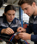 Two mechanics using No Tools Needed Wire Connectors For Quick Splices 50 Piece Flame Retardant Electrical Connectors Pack