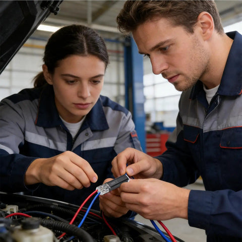 Two mechanics using No Tools Needed Wire Connectors For Quick Splices 50 Piece Flame Retardant Electrical Connectors Pack