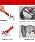 Premium Stainless Steel Drywall Tool Kit With 9 In 1 Putty Knife Set Including joint knife in use with mud pan and caliper measurement.