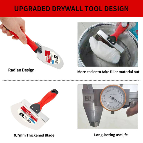 Premium Stainless Steel Drywall Tool Kit With 9 In 1 Putty Knife Set Including joint knife in use with mud pan and caliper measurement.