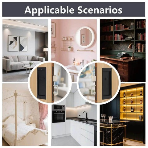 Various room scenarios showing Zero Profile Pocket Door Lock Privacy Hardware with Flush Mount Pull Handle for multiple interiors.