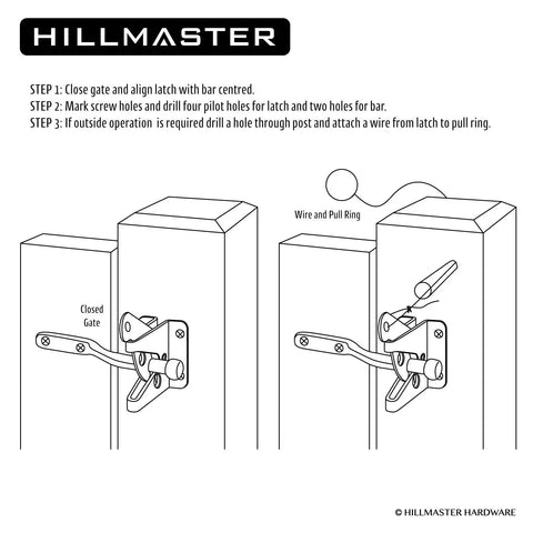 Illustration showing Heavy Duty Beefy Self Locking Gate Latch For Wooden Fences With Automatic Gravity Lever Longer Fasteners And Pull String Black Finish Ideal For Secure Pool And Garden Gates Inward Or Outward Swing installation process