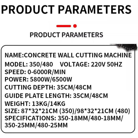 Product parameters for Heavy Duty Dust Free Concrete Wall Saw Machine Built To Knock Out Rough Jobs Without Breaking A Sweat For 48Cm Deep Wall Chasing.