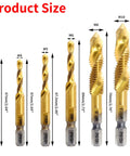 Size display of All In One Tap And Drill Bit Set 6 Piece Combo With Countersink Hex Bits M3 M4 M5 M6 M8 M10 Gold Pro Grade DIY Ready Multi Use Tool Kit