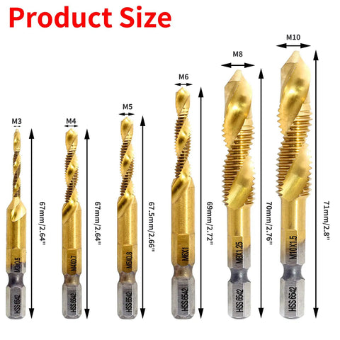 Size display of All In One Tap And Drill Bit Set 6 Piece Combo With Countersink Hex Bits M3 M4 M5 M6 M8 M10 Gold Pro Grade DIY Ready Multi Use Tool Kit