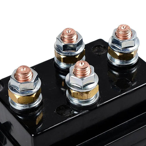 Close-up of terminals on Beefy 12V 500A Winch Solenoid Contactor Relay Replacement For 8000 To 12000 Lbs ATV UTV 4WD 4X4 Winches