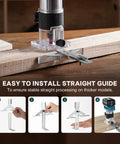 Cordless Twenty One Volt Brushless Palm Wood Router With Four Amp Hour Battery And Fifteen Piece One Quarter Inch Router Bit Set for precise woodworking with straight guide.