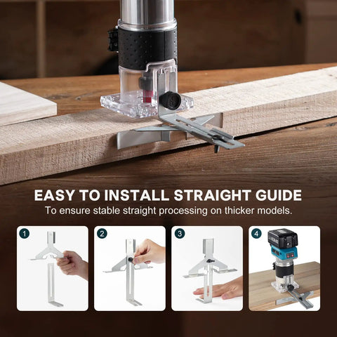 Cordless Twenty One Volt Brushless Palm Wood Router With Four Amp Hour Battery And Fifteen Piece One Quarter Inch Router Bit Set for precise woodworking with straight guide.