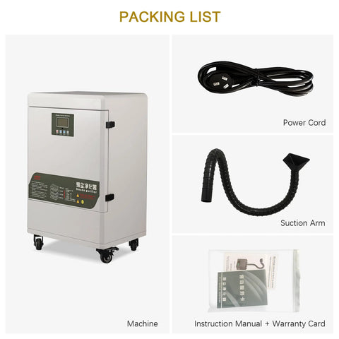 Packing list for Straight Up Heavy Duty Smoke Purifier For Laser Engraving And Welding Station including machine, power cord, suction arm.