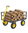 Heavy Duty 1400 Lb Steel Garden Cart With 2 In 1 Utility Wagon holding firewood, all terrain 13 inch tires, yellow handle