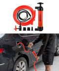 Heavy Duty Portable Siphon Pump Kit For Handheld Fluid Extractor And Universal Gasoline Oil Transfer With Hella Durable Flexible Pvc And No Sweat Garage Use, in use to extract fuel from a car.
