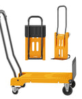 Heavy Duty Folding Hand Truck Dolly, 2 In 1 Collapsible Platform Cart showing flatbed and upright configurations in orange.