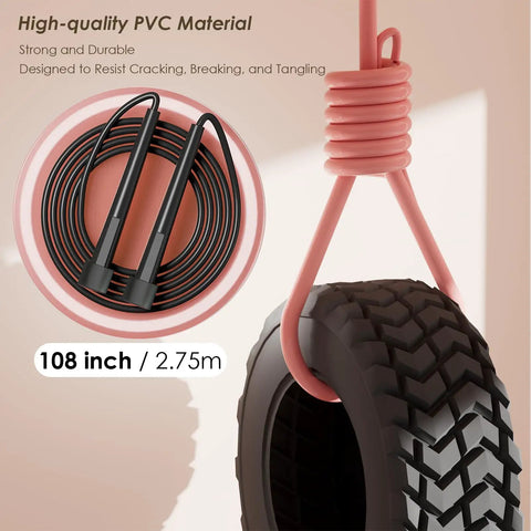 Two Pack Jump Rope For Fitness Beast Mode Speed Skipping Rope For Men Women And Kids Tangle Free PVC Long Jump Rope Set Adjustable Length Exercise Rope For Cardio Training Boxing And Home Workouts with coiled pink and black PVC rope detail.