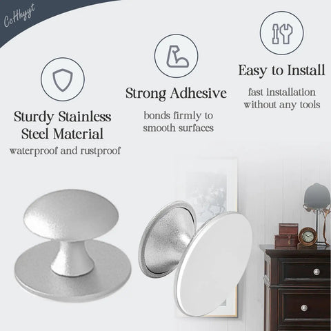 No Drill Self Stick Cabinet Knobs Set Of 4 In Silver Stainless Steel For Dresser Drawers Medicine Cabinets Cupboards Glass Doors And Terrarium Lids Easy Install No Tools Needed Money Saving Time Saving, adhesive knob close-up