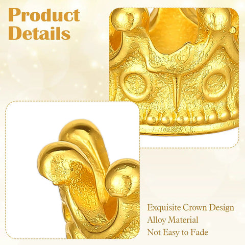 Close-up of 60 Pcs Mini Crown Charms For Crafts 3D Hollow Queen Crown Beads For Jewelry Making in gold alloy material.