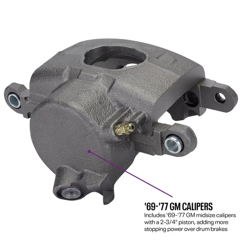 Close-up of '69-'77 GM caliper for 11 Inch Front Disc Brake Kit For 1947 1959 Chevy Half-Ton Pickup With Factory Spindles Fits 15 Inch Wheels