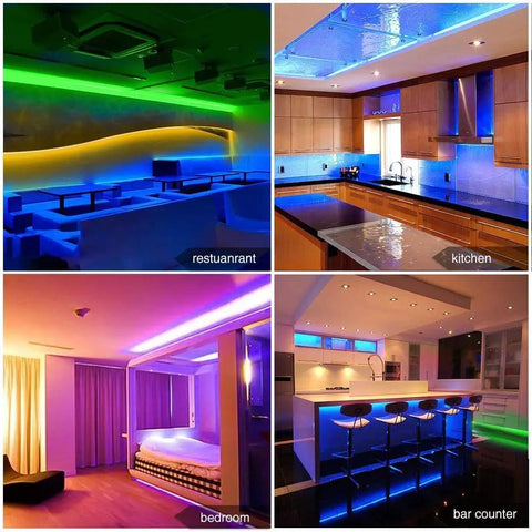100Ft RGB LED Strip Lights Kit With 2 Rolls Of 50Ft illuminating restaurant, kitchen, bedroom, and bar counter spaces