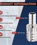 Two Pack 304 Stainless Steel Hose Barb Fittings From One And A Half Inch To Three Quarter Inch product details