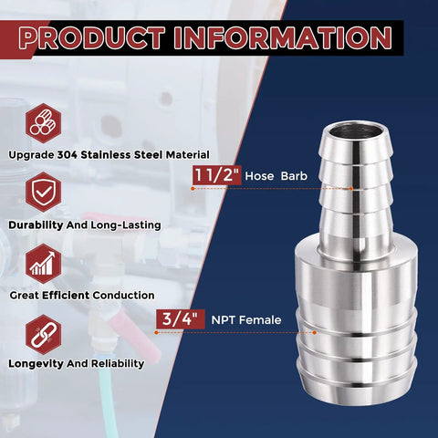 Two Pack 304 Stainless Steel Hose Barb Fittings From One And A Half Inch To Three Quarter Inch product details