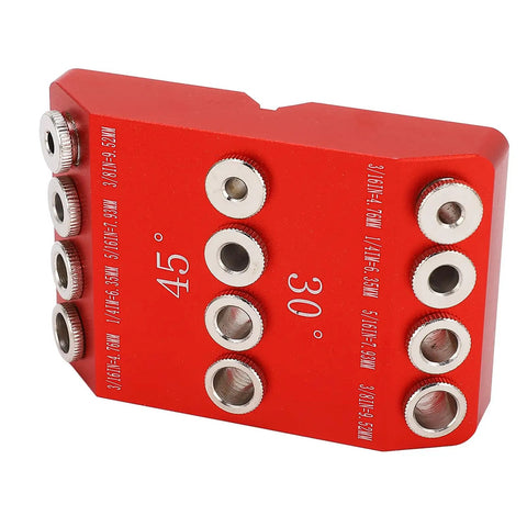 Top Shelf Aluminum Pocket Hole Jig With Badass Precision For 30 45 90 Degrees Smooth Drilling Solid Woodworking Clamping Fixture Tool For Weekend Warriors And Pro Builds, red, shows angle indicators.