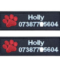 Custom Name Dog Patch 2 Pack Iron On Hook Loop Applique For Harness Vest Collar Accessories Reusable Paw Print Badge with red paw prints.