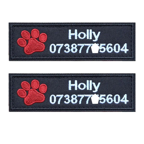 Custom Name Dog Patch 2 Pack Iron On Hook Loop Applique For Harness Vest Collar Accessories Reusable Paw Print Badge with red paw prints.