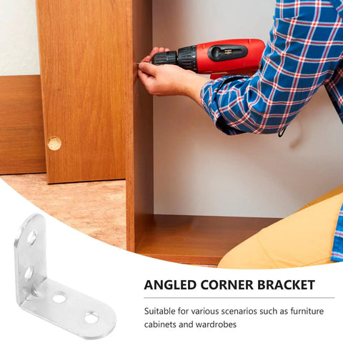 Person using drill to install Sturdy Stainless Steel Right Angle Shelf Brackets 12 Piece Set For DIY Wood Frames And Table Legs Support