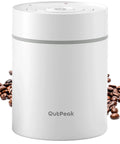 Automatic Vacuum Coffee Canister Keeps Your Daily Brew Stash Hella Fresh For Months With Simple One Touch Press And Rust Resistant Stainless Steel Build, white design with coffee beans.