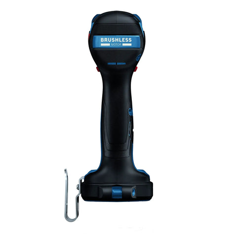 Back view of Two In One Cordless Impact Driver And Wrench 18V with belt clip, showing brushless motor, compact design for precise control.