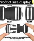 1.5 Inch Side Release Buckles Kit With 30 Tri Glide Slides, 15 Sets displayed with measurements and finger for size reference
