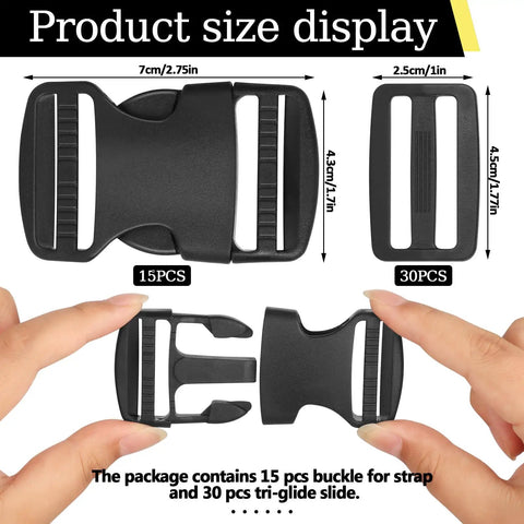 1.5 Inch Side Release Buckles Kit With 30 Tri Glide Slides, 15 Sets displayed with measurements and finger for size reference