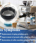 Upper Burr Assembly With Handle Replacement Part For Select Espresso Machines And Grinders shown beside espresso machine