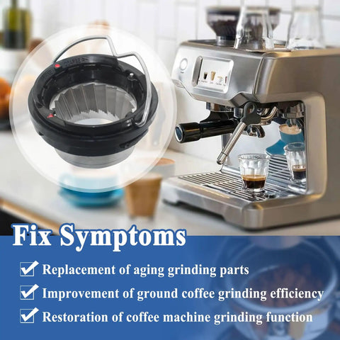 Upper Burr Assembly With Handle Replacement Part For Select Espresso Machines And Grinders shown beside espresso machine
