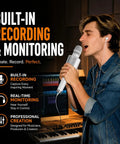 Man singing into H100 Karaoke Microphone With Screen AI Vocal Remover And Dope Voice Changer, Echo Control in studio