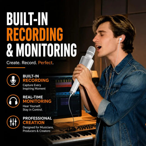 Man singing into H100 Karaoke Microphone With Screen AI Vocal Remover And Dope Voice Changer, Echo Control in studio