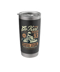 Tumbler with go-kart racing design and text, featuring racer illustration, black and steel color scheme.