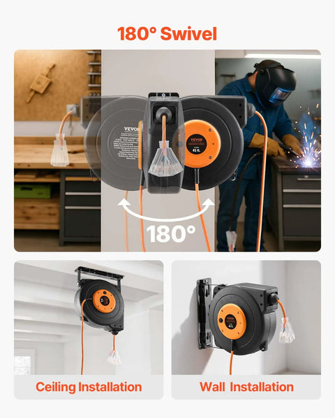 Heavy Duty 45 Ft Retractable Extension Cord Reel With Lighted Triple Tap Outlet, 15 Amp Circuit Breaker, 12AWG 3C SJTOW Cord, 180 Degree Swivel Bracket For Ceiling Or Wall Mount, Weather Resistant And Tangle Free. 180° swivel ceiling and wall mount