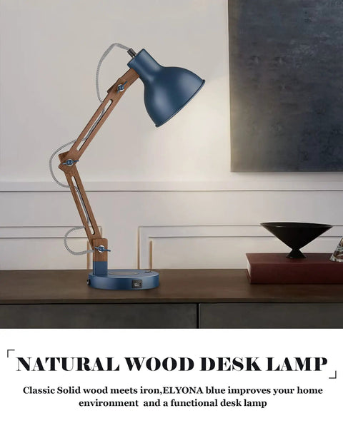 Sapele Wood Desk Lamp With Upgraded Wireless Charger And USB C Port Swing Arm Reading Light For Bedroom Dorm Office And Living Room LED Bulb Included In A Dope Blue Finish on desk