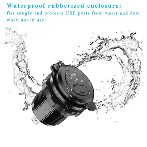 Waterproof Dual Usb Cigarette Lighter Adapter With Lid, 2.1A Fast Charge Dual Port Outlet For 12V 24V Car Boat RV ATV Truck US, Built Like A Tank, Road Warrior Ready, rubberized enclosure protecting USB ports from water.