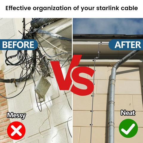Before and after images of wall cable management using Cable Routing Kit For Three Quarter Inch Wall Holes with grommets and clips