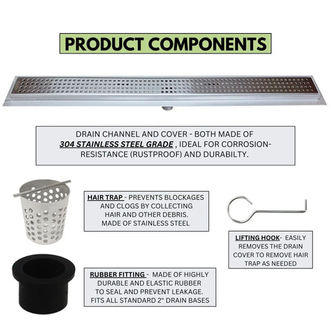 Heavy Duty 47 Inch Linear Shower Drain With Slick Brushed Nickel Finish Solid 304 Stainless Steel Frame components including hair trap and rubber fitting.