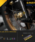 Built Tough Titanium Bolt And Screw Kit For Yamaha XMAX300 2021 To 2024 Motorcycle Front axle installation with gold nut.