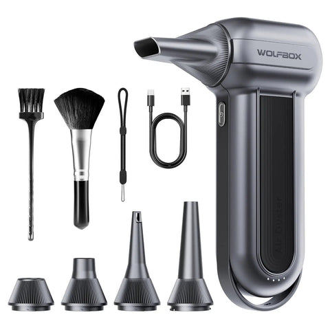 MegaFlow100 Cordless Electric Air Duster with 150000 RPM turbo, 5 nozzles, 2 brushes, Type-C cable, and compact design