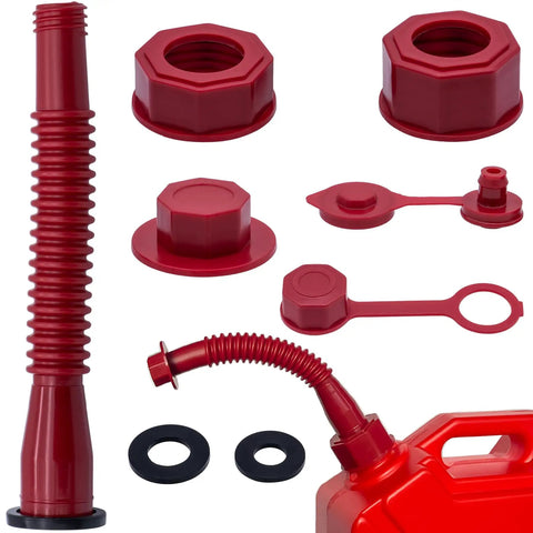 Red Gas Can Spout Replacement Kit For Half Five And Ten Gallon Cans With Two Different Sized Screw Collar Caps