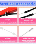 All In One 103 Piece Bike Brake Cable Kit With Stainless Steel Wire Cutter Includes Brake And Shifter Cables End Caps O Rings C Clips Clamps Rubber Boots V Brake Guides And Housing For Easy Replacement And Smooth Shifting, showcasing practical accessories like C-clips and cable end caps.