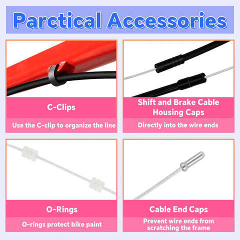 All In One 103 Piece Bike Brake Cable Kit With Stainless Steel Wire Cutter Includes Brake And Shifter Cables End Caps O Rings C Clips Clamps Rubber Boots V Brake Guides And Housing For Easy Replacement And Smooth Shifting, showcasing practical accessories like C-clips and cable end caps.