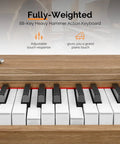 88 Key Fully Weighted Digital Piano With Hammer Action Keyboard in burlywood, showcases black and white keys with adjustable touch response