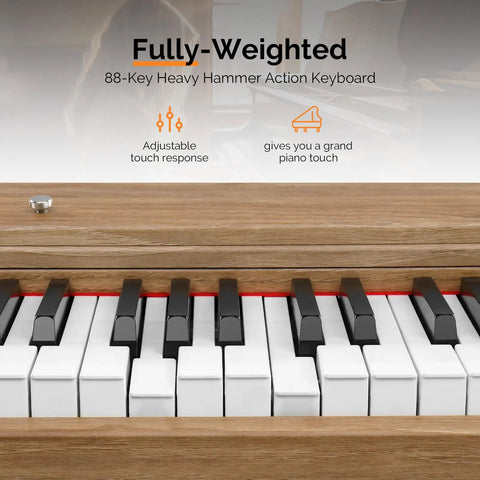 88 Key Fully Weighted Digital Piano With Hammer Action Keyboard in burlywood, showcases black and white keys with adjustable touch response